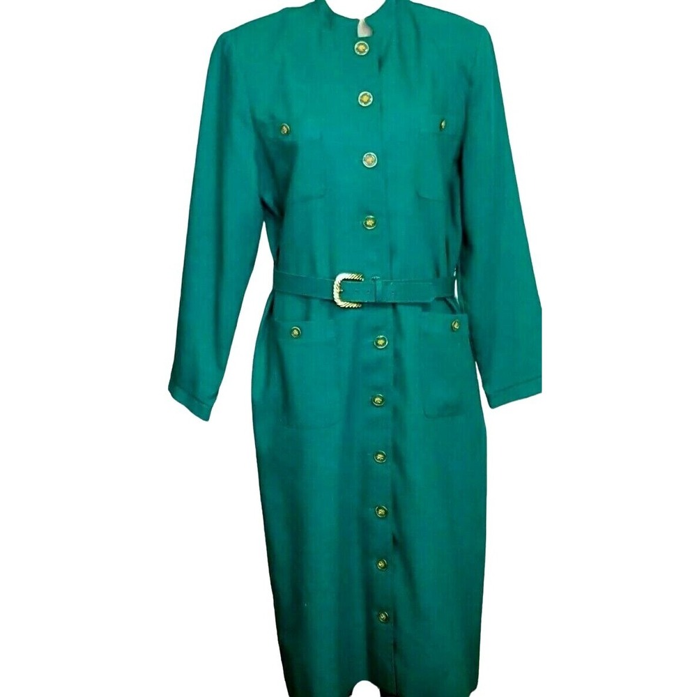 Vintage 80s Shirt Dress Green Button Front Long Sleeve 2X Victoria Morgan